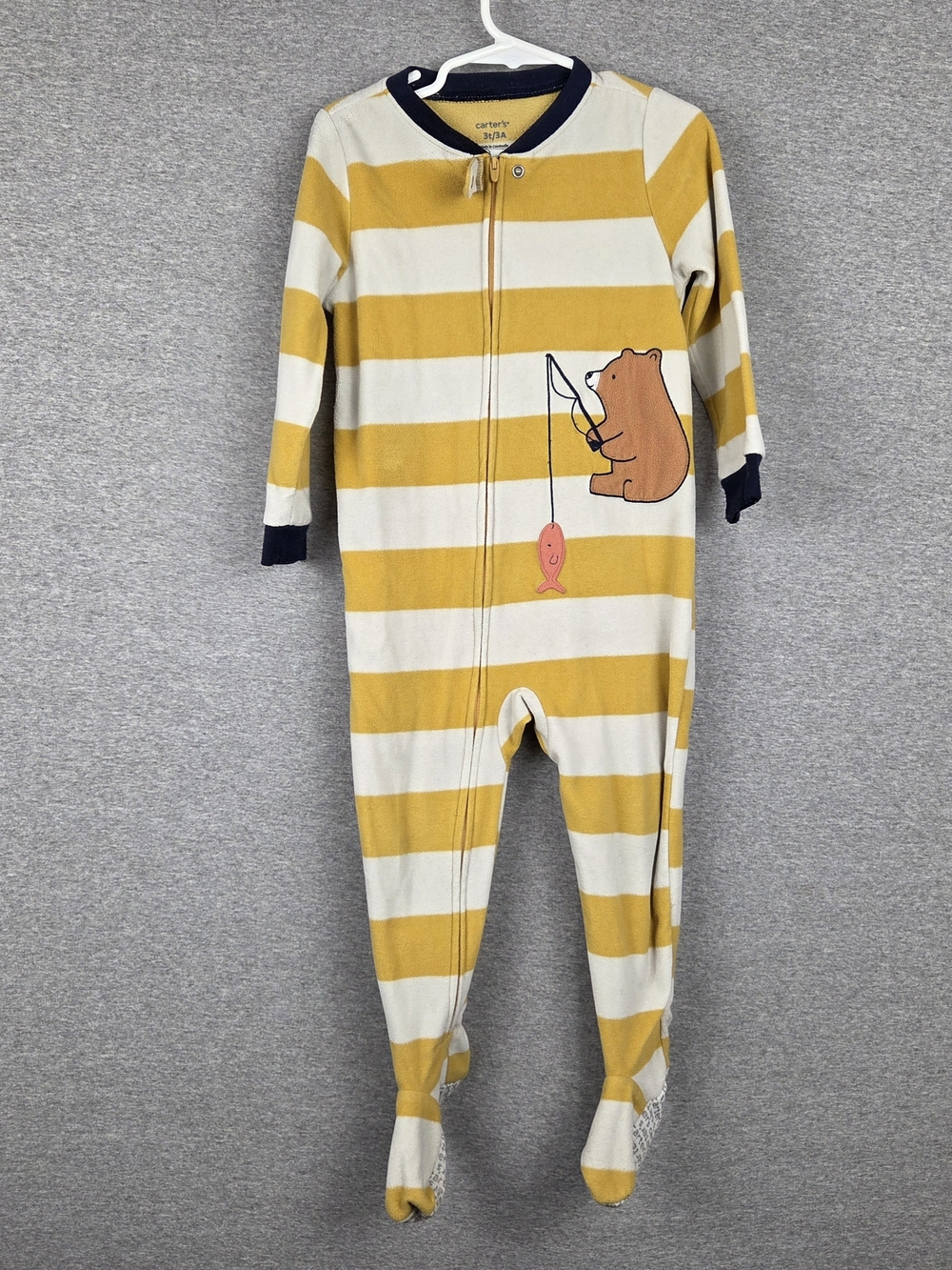 Carter's 3T Yellow & White Striped Footed One-Piece Pajama with Bear Fishing